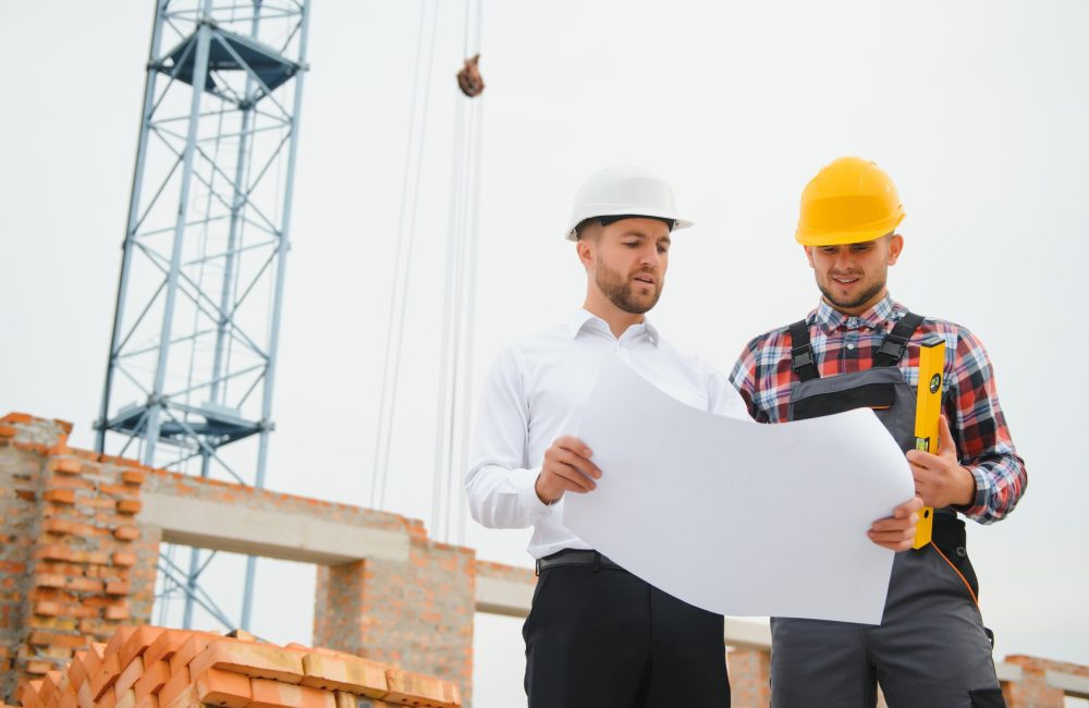 Construction engineers supervising progress of construction project stand on new concrete floor top roof and crane background